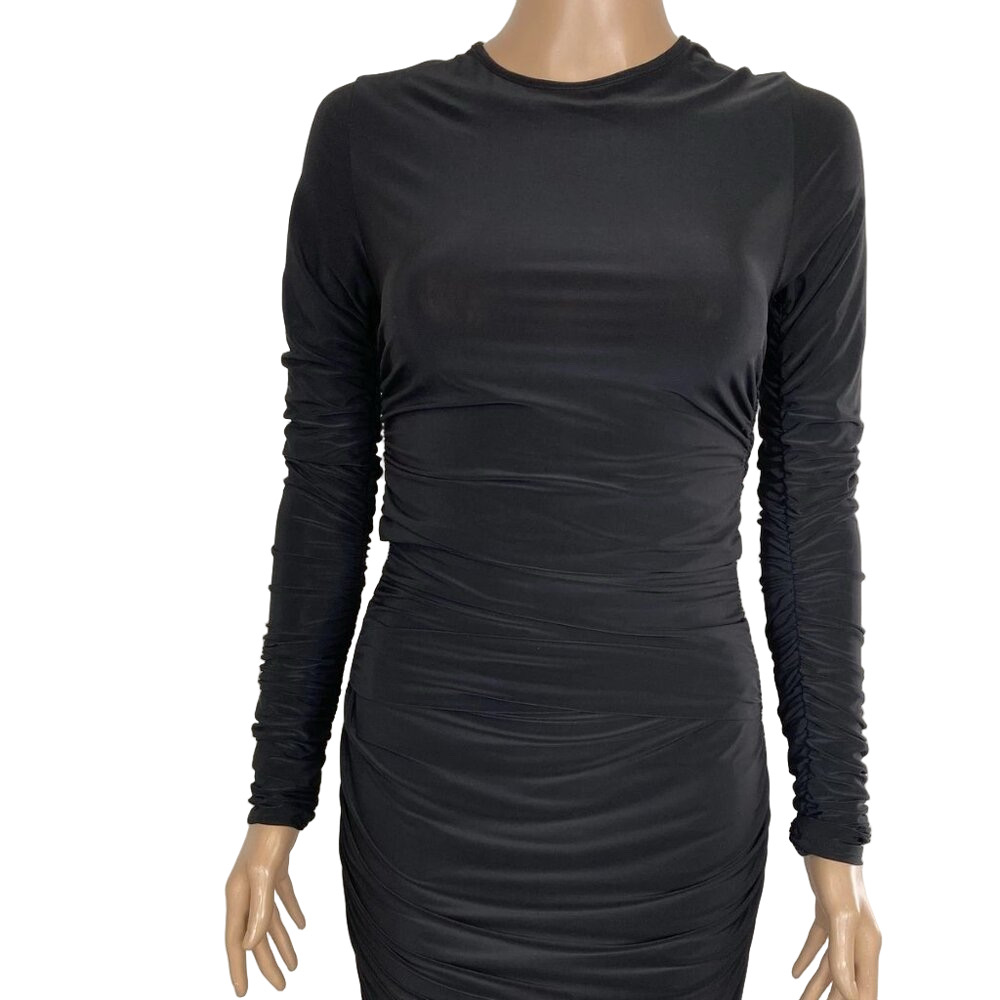 NEW NA-KD Women’s Ruched Mesh Dress Black Size S | Long Sleeve Stretch Bodycon